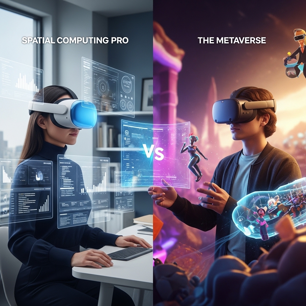 A side-by-side comparison of Spatial Computing vs. The Metaverse. On the left, a woman in a bright office uses an Apple Vision Pro ("Spatial Computing Pro") to interact with floating productivity charts. On the right, a man uses a Meta Quest headset ("The Metaverse") to interact with colorful avatars and social game elements.
