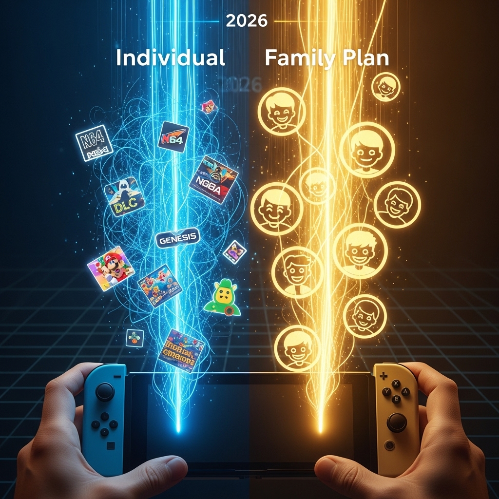Hands holding a Nintendo Switch with a blue joy-con on the left and a gold joy-con on the right. On the left, a chaotic blue stream of light labeled "Individual" shows icons for N64, Genesis, and DLC. On the right, a powerful golden stream of light labeled "Family Plan" shows multiple happy user avatars, visually comparing the value of the Nintendo Switch Online Expansion Pack.