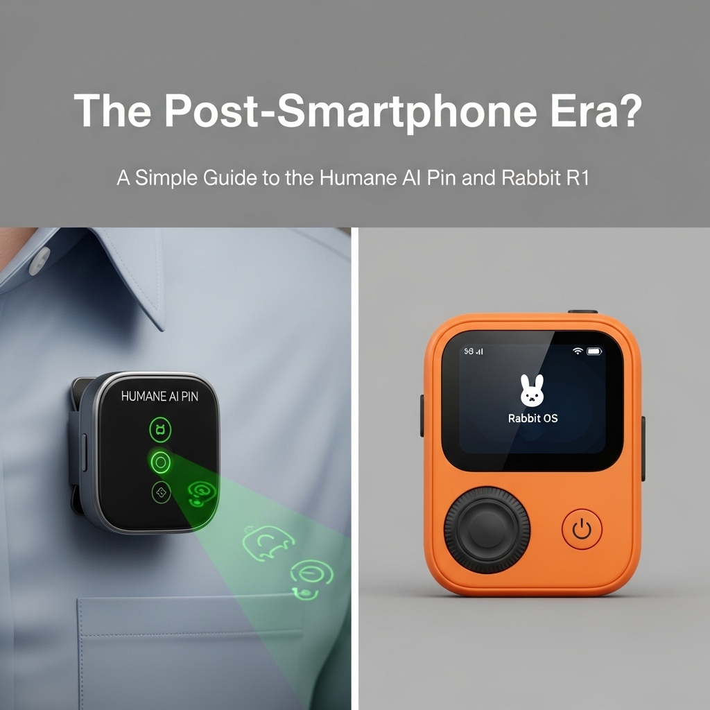 A guide to the post-smartphone era, showing a hand holding a futuristic AI device like the Humane AI Pin, with a smartphone out of focus in the background.