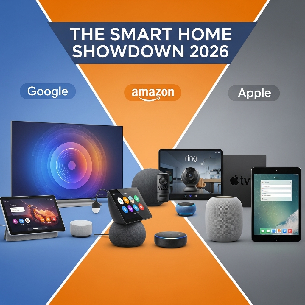 A graphic titled "THE SMART HOME SHOWDOWN 2026," visually comparing smart home devices from Google, Amazon, and Apple. The Google section (blue) shows a smart display, smart speaker, and tablet. The Amazon section (orange) features an Echo Show, Echo Dot, Ring camera, and Echo speaker. The Apple section (gray) displays an Apple TV and an iPad with HomeKit controls.