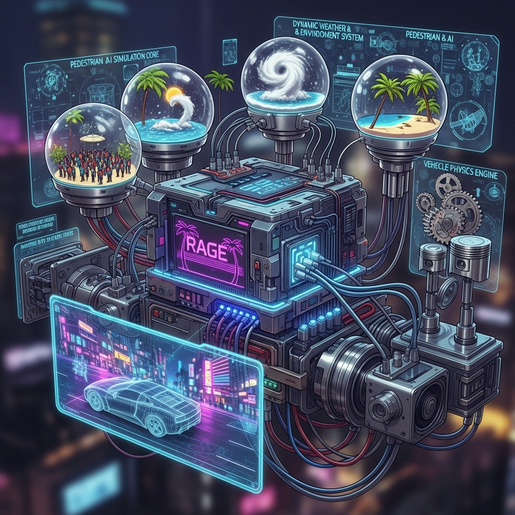 An infographic showing the tech powering Grand Theft Auto VI, with a central RAGE engine connected to modules for vehicle physics, dynamic weather, and pedestrian AI.