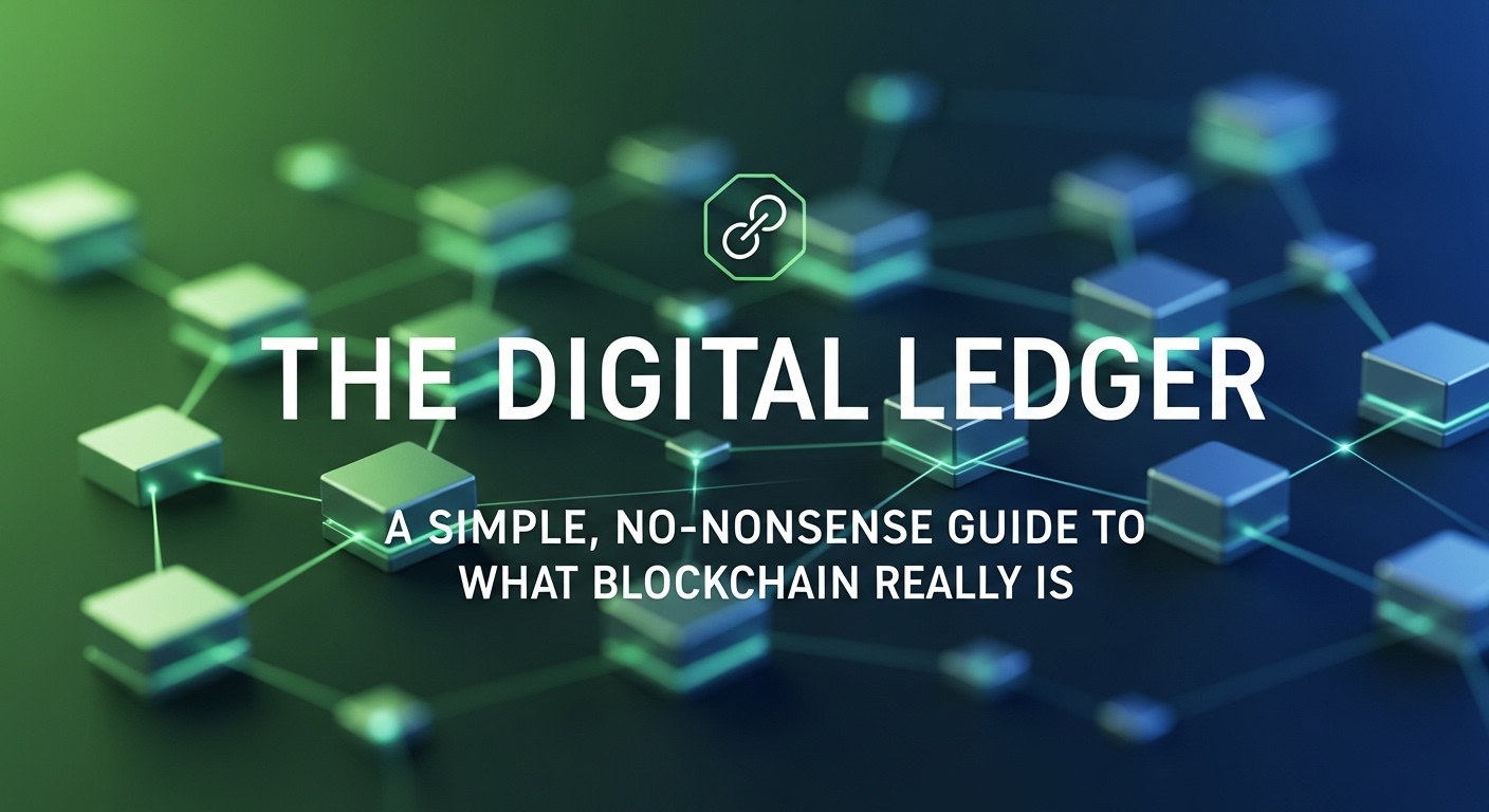 The Digital Ledger: A simple, no-nonsense guide to what blockchain really is, showing an abstract network of interconnected digital blocks.