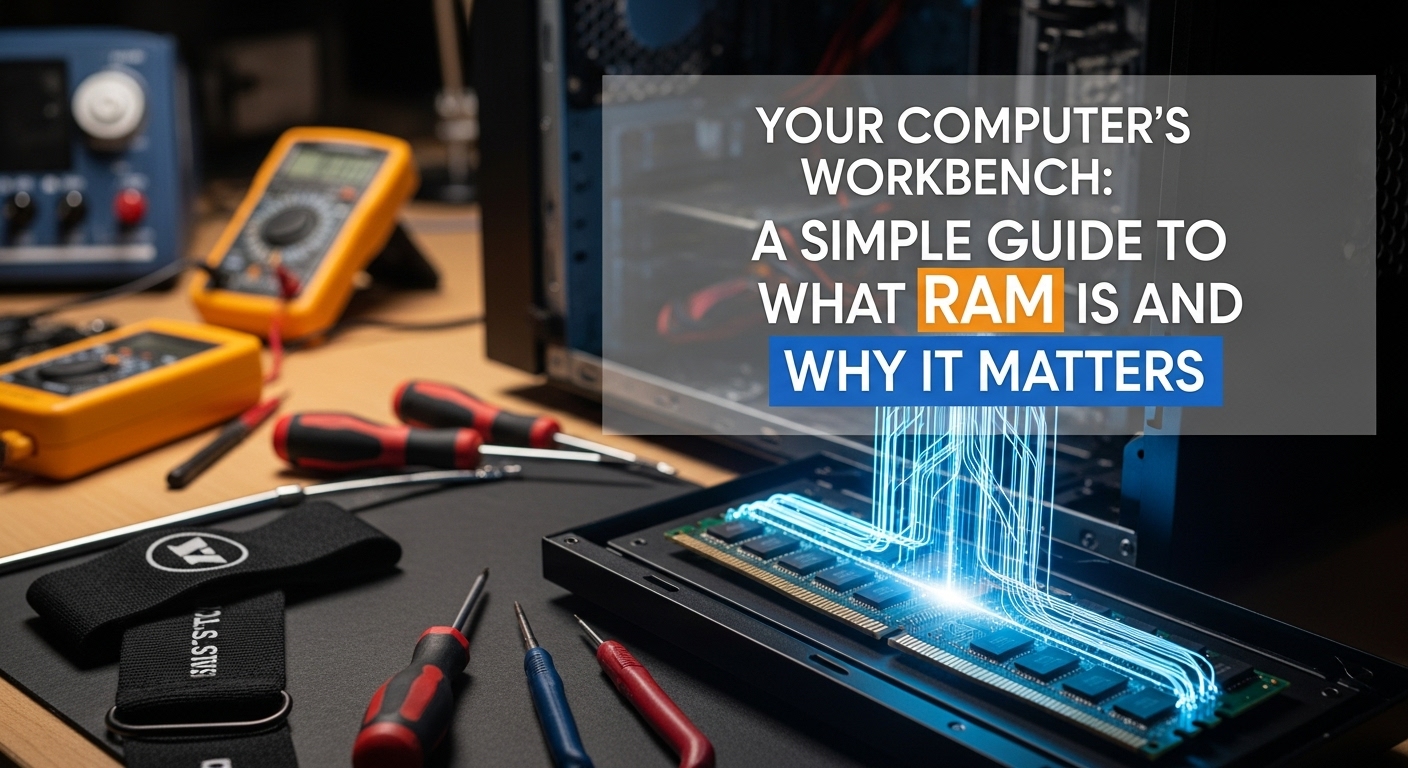 Your Computer's Workbench: A guide to what RAM is, showing a stick of RAM on a workbench with glowing data streams, illustrating its role as active memory.