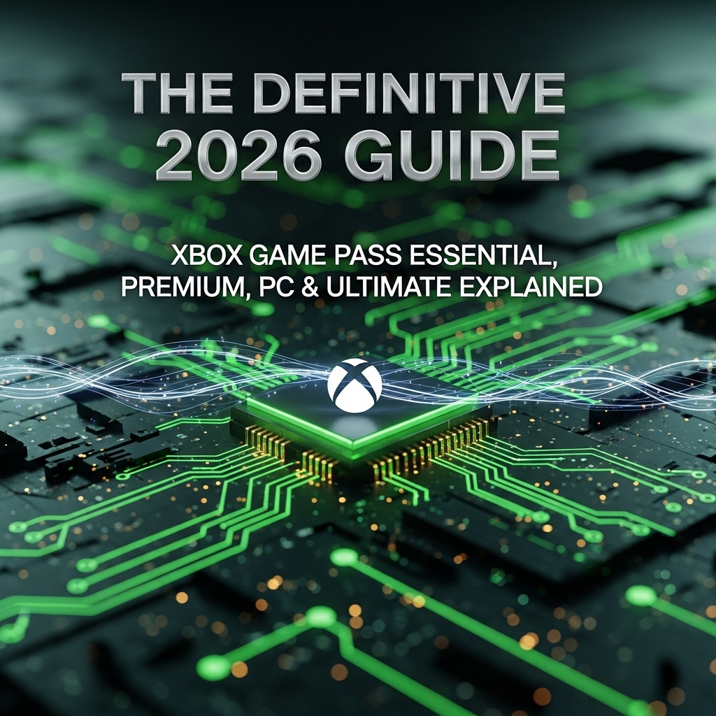A high-tech digital graphic featuring a central Xbox logo illuminated on a microchip, surrounded by glowing green circuit board pathways and abstract light waves. The title "THE DEFINITIVE 2026 GUIDE: XBOX GAME PASS ESSENTIAL, PREMIUM, PC & ULTIMATE EXPLAINED" is prominently displayed, illustrating a comprehensive breakdown of Xbox Game Pass subscription tiers.