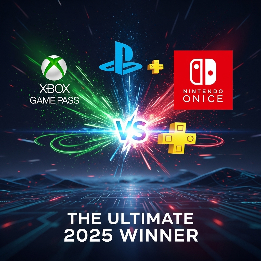 Xbox Game Pass, PlayStation Plus, and Nintendo Switch Online logos clash in a dynamic explosion of green, blue, and red light, with "VS" at the center and "THE ULTIMATE 2025 WINNER" text below. This visually represents the intense competition between the gaming subscription services.