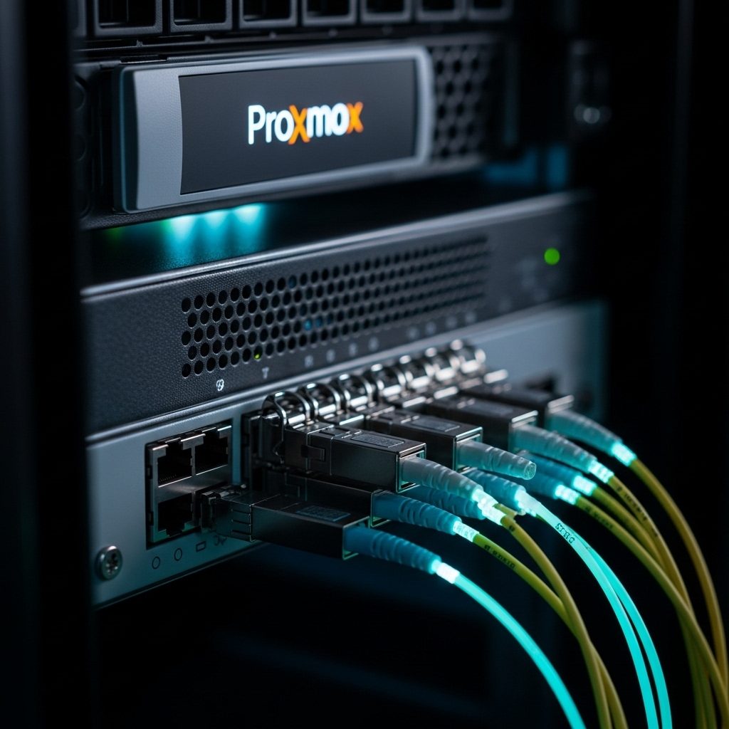 Close-up of a 10GbE SFP+ network switch with active fiber optic connections for 8K media streaming in a Proxmox home lab.