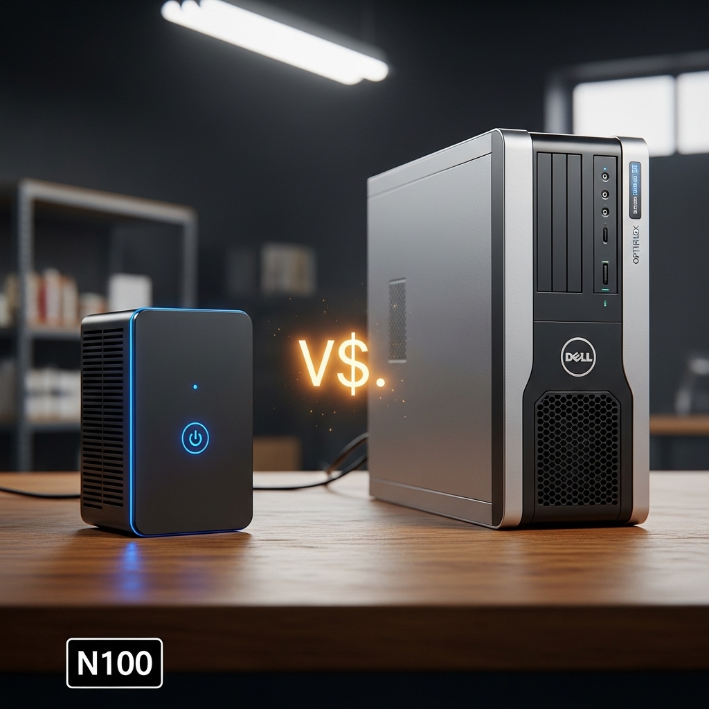 Side-by-side comparison of a modern Intel N100 Mini PC and a refurbished Dell Optiplex enterprise workstation on a tech workbench.