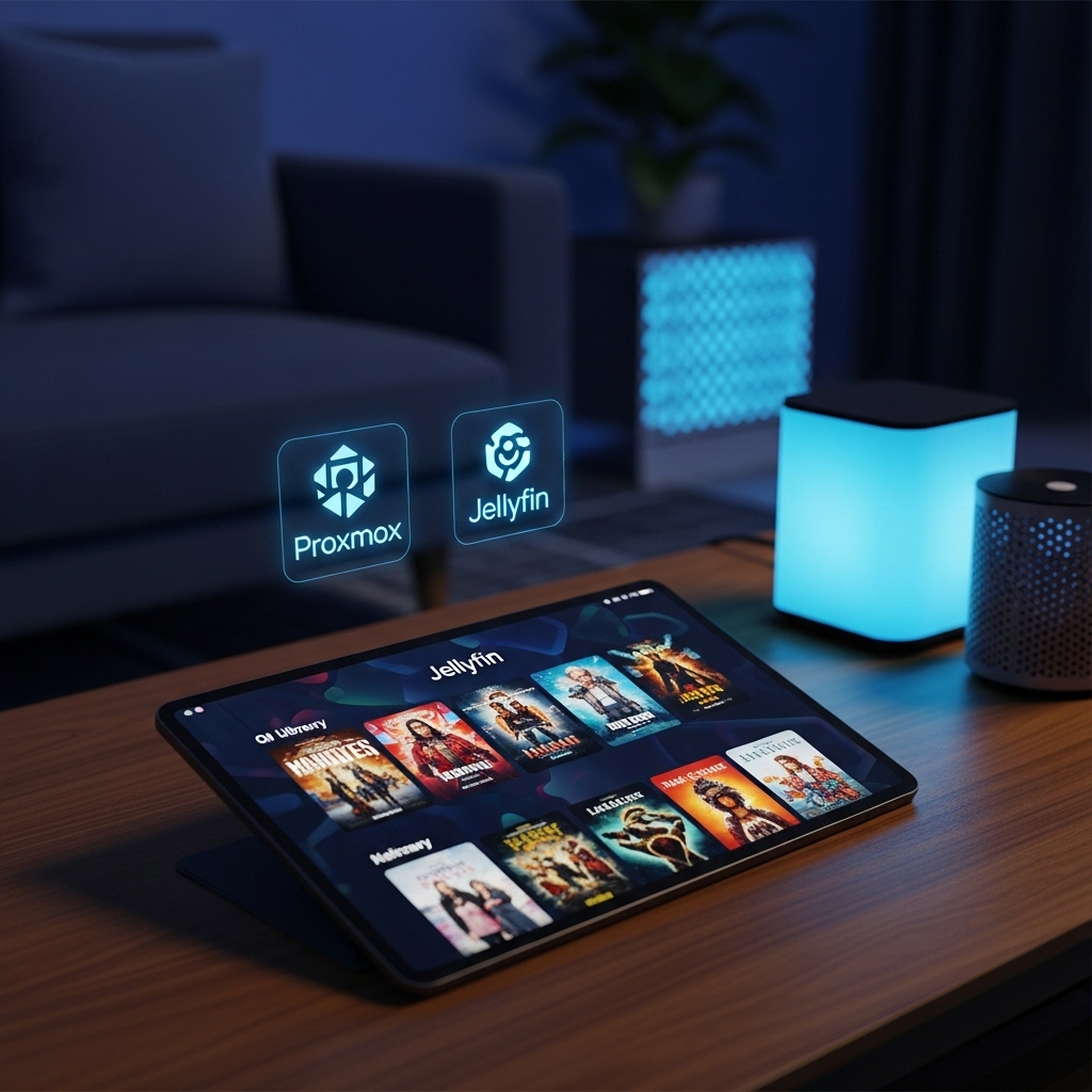 Jellyfin movie library interface on a tablet next to a high-performance Proxmox 9 home server node.