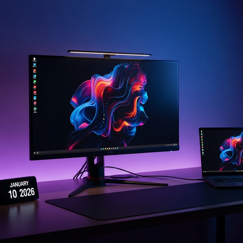 The MSI MPG 321URX QD-OLED monitor on a clean 2026 executive desk setup, showing vibrant colors and professional 4K resolution.