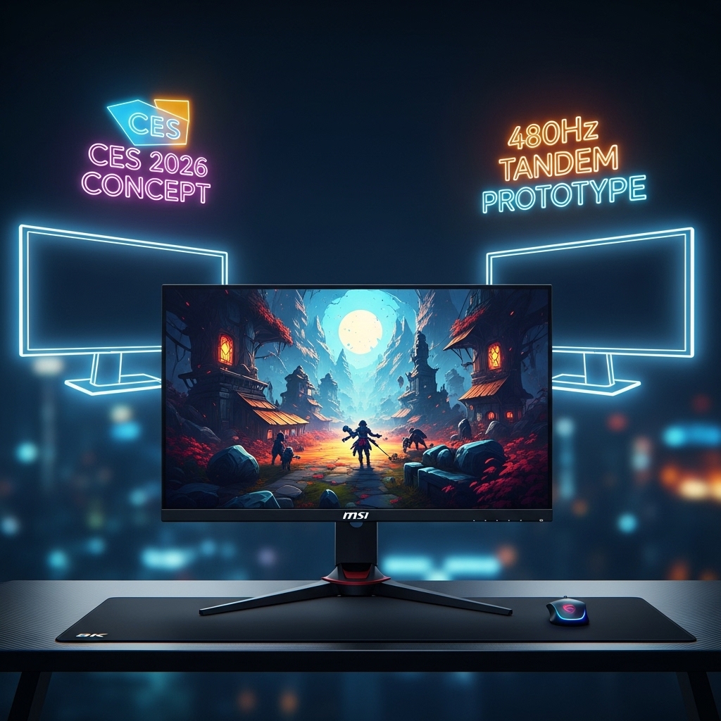 Side-by-side comparison of MSI MPG 321URX QD-OLED and 2026 Tandem OLED gaming monitors in a professional enthusiast setup.