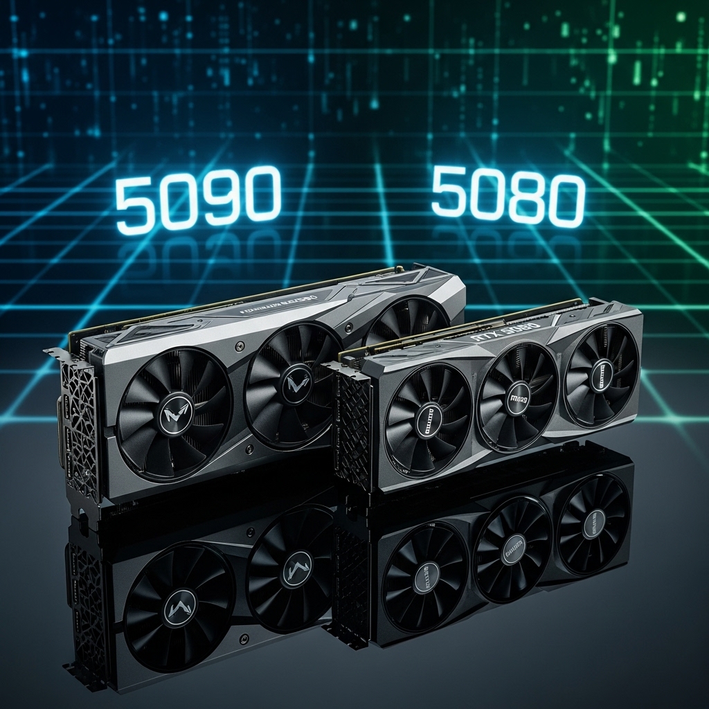 Side-by-side comparison of NVIDIA RTX 5090 and RTX 5080 graphics cards on a dark reflective surface with digital overlays.