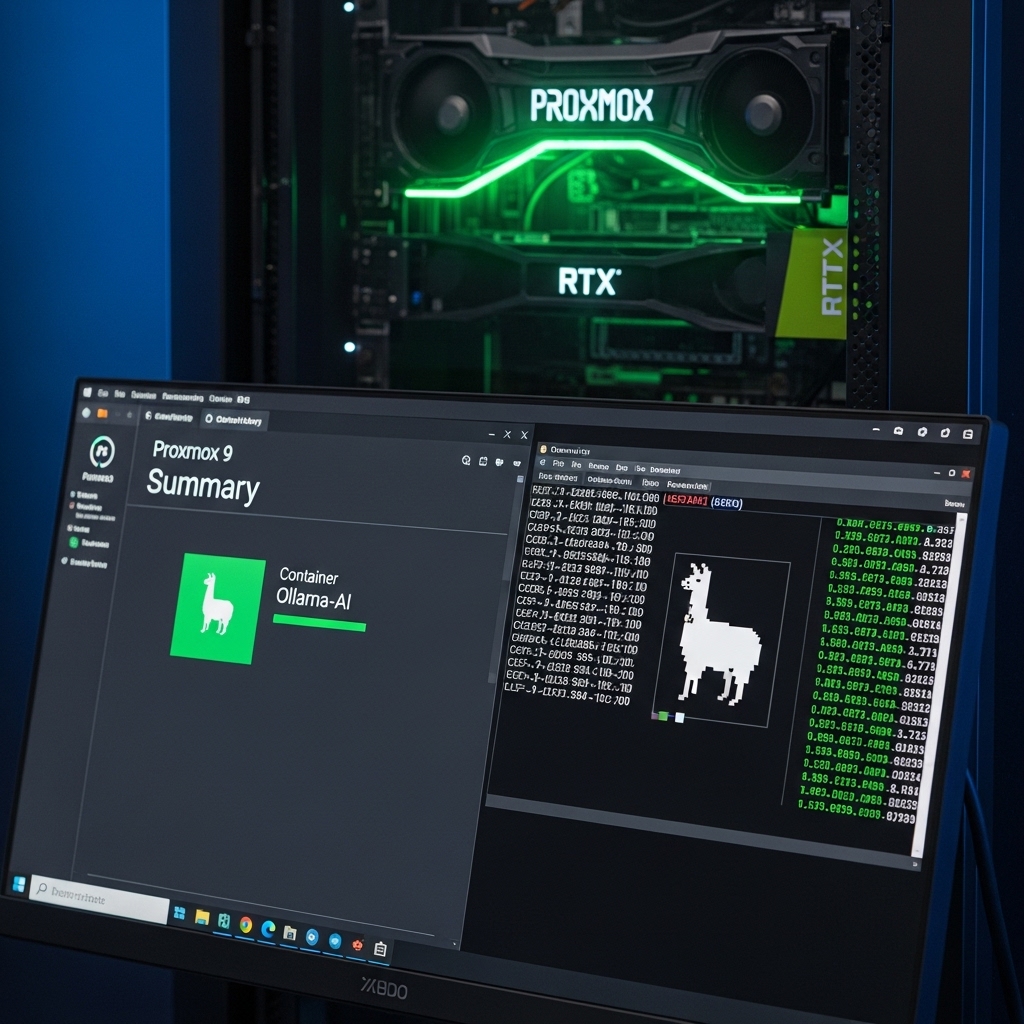 Proxmox 9.x dashboard showing an LXC container running Ollama with active NVIDIA Blackwell GPU utilization metrics.