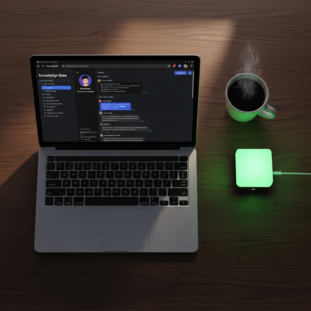 A minimalist desk setup featuring a laptop running the Open WebUI private chatbot interface with local document RAG integration.