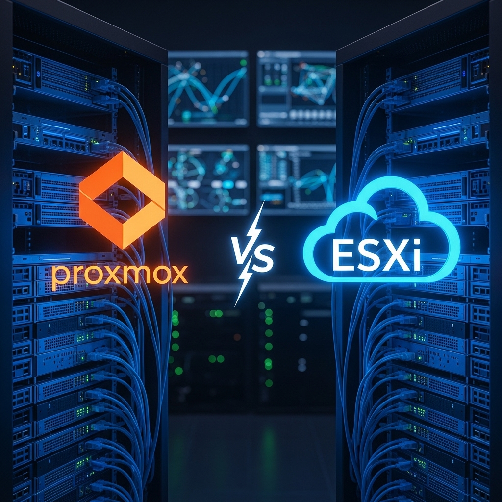 Comparison of Proxmox VE and VMware ESXi logos over a professional server rack in a 2026 home lab setup