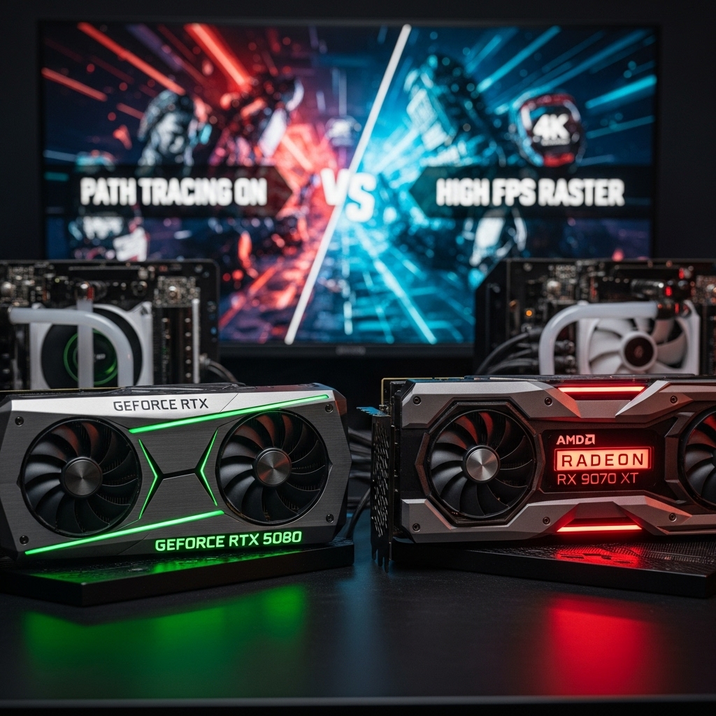 Side-by-side comparison of the NVIDIA RTX 5080 and AMD Radeon RX 9070 XT on a professional PC test bench.