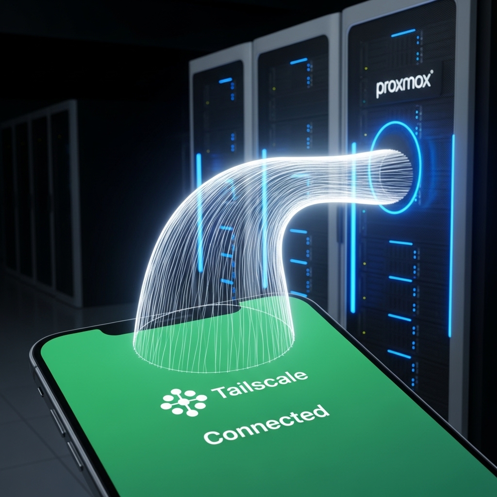 A smartphone showing a secure Tailscale VPN connection to a Proxmox home server rack in 2026.