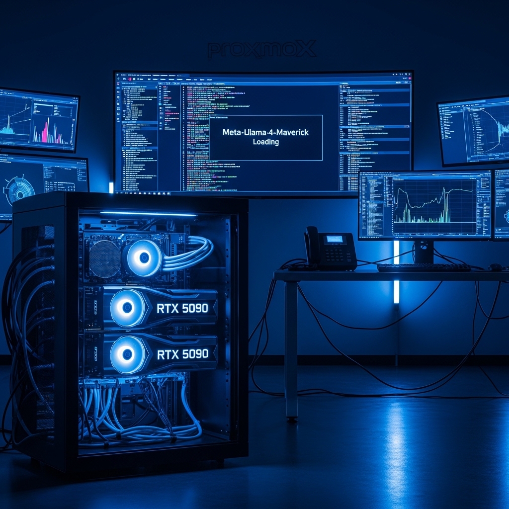 A high-performance workstation with dual RTX 5090 GPUs running a local Llama 4 Maverick (400B) model on Proxmox 9.