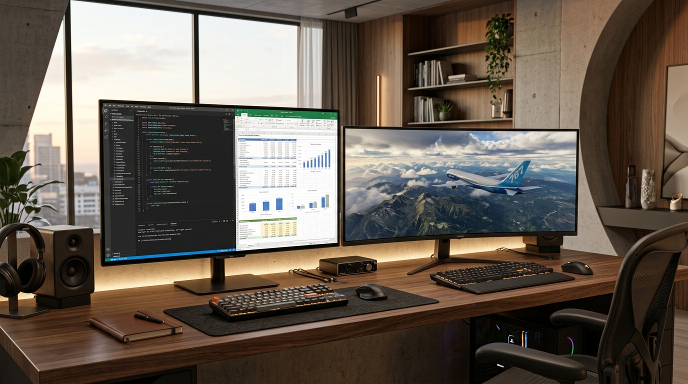 Executive desk setup showing side-by-side comparison of 32-inch 4K 16:9 monitor with code beside a curved 34-inch 21:9 ultrawide gaming display