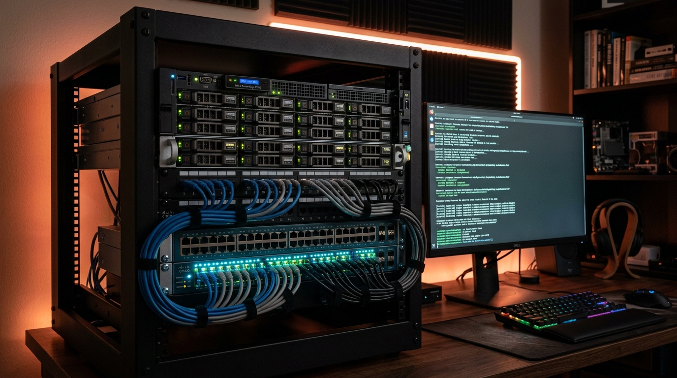Home lab server rack with rack-mounted servers patch panel and managed switch with terminal automation scripts running on adjacent monitor