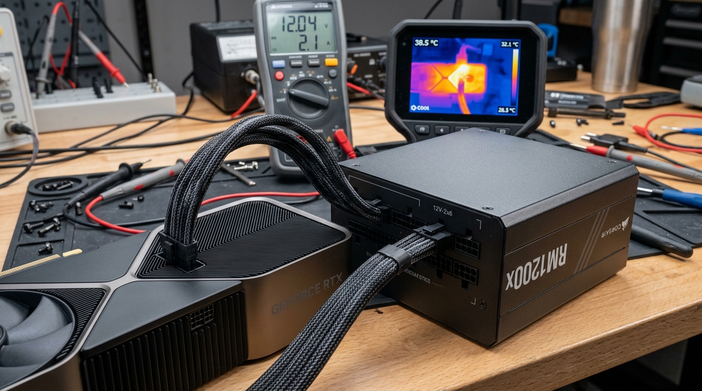 Close-up of modular ATX 3.1 power supply unit with 12V-2x6 PCIe 5.1 high-power cable plugged into GPU on test bench