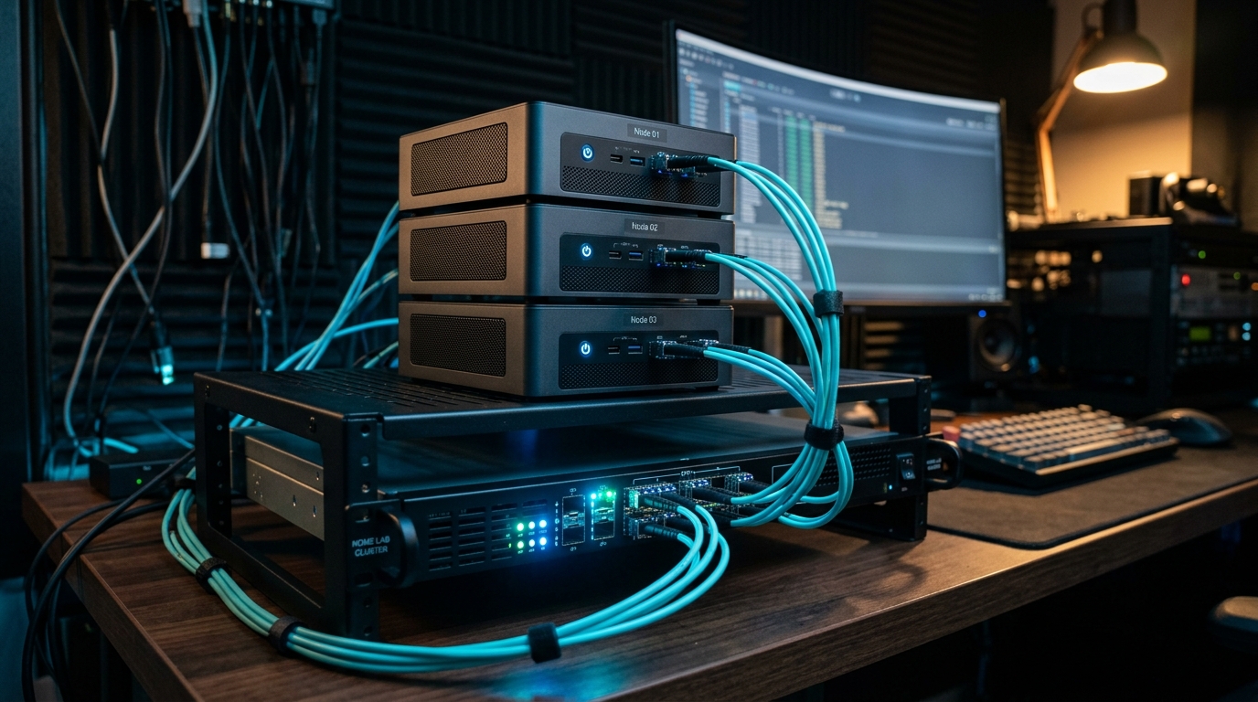 Three node mini PC Proxmox server cluster connected with teal 10GbE SFP plus DAC fiber cables on desk