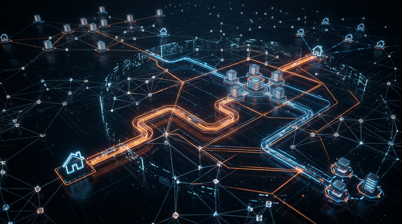 Abstract digital visualization of encrypted network tunnels in orange and blue connecting home servers and cloud infrastructure nodes in a zero-trust architecture