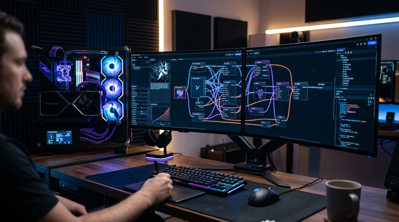Dual monitor workstation running node based ComfyUI workflow graph with glowing connection noodles