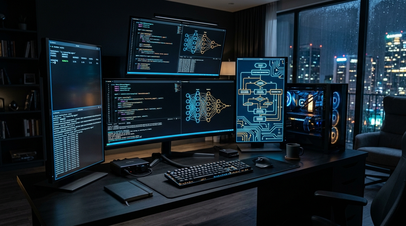 Multi monitor AI developer workstation at night running DeepSeek R1 autonomous code agent terminal workflows