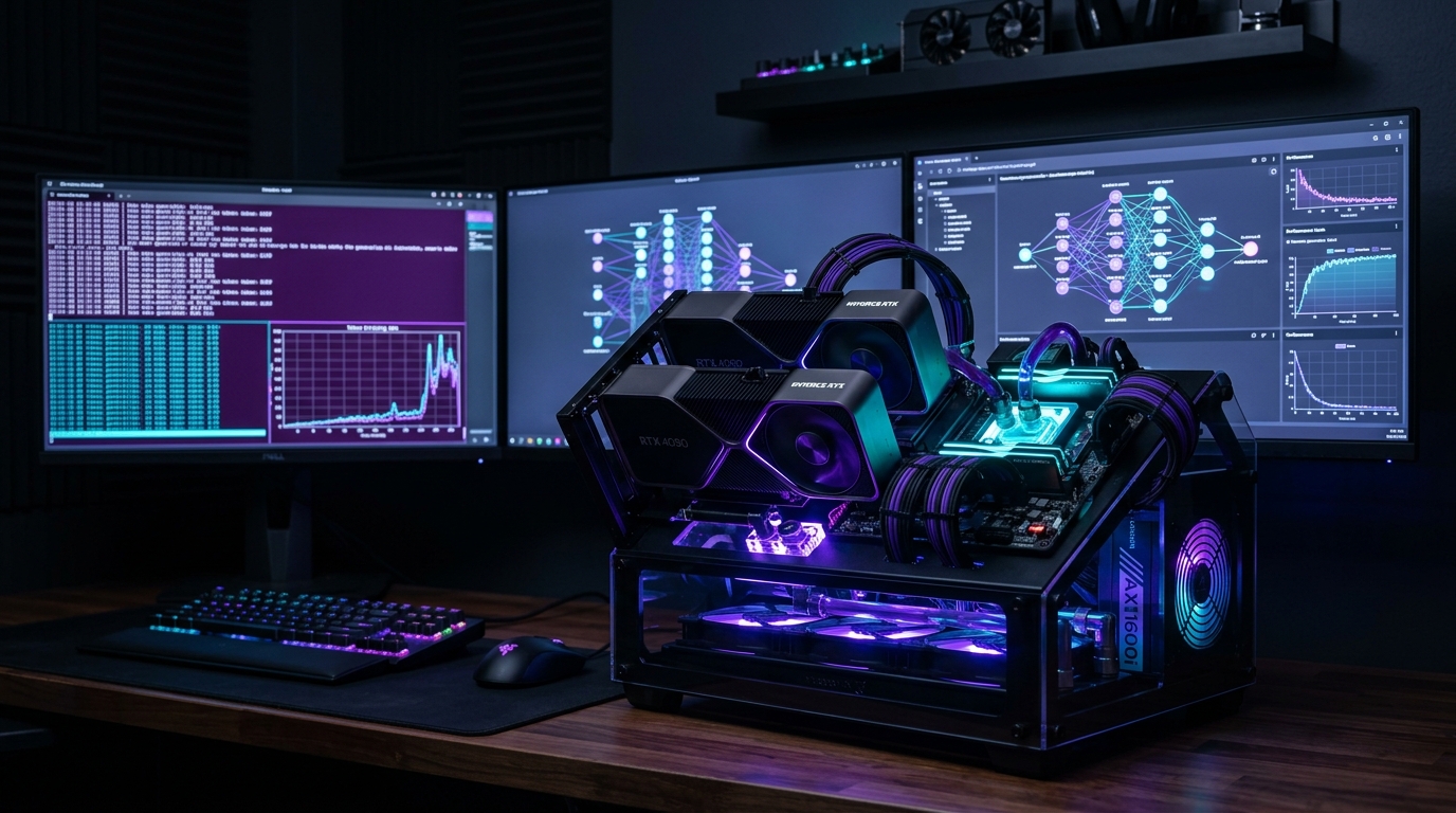 Dual RTX graphics cards installed on open air AI workstation rig with dual monitors displaying token generation telemetry