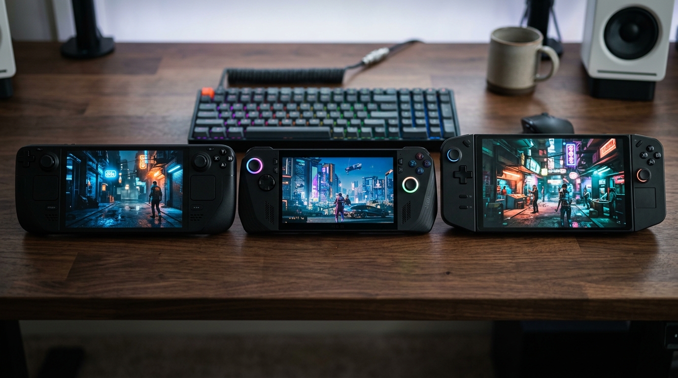 Three handheld gaming PCs Steam Deck OLED ROG Ally X and Lenovo Legion Go on desk displaying cyberpunk gameplay
