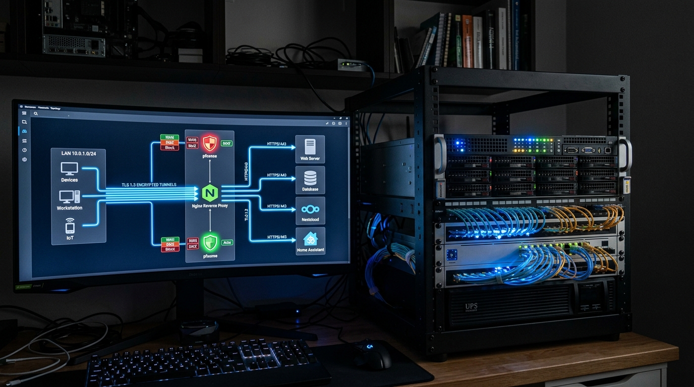 Server rack with glowing patch cables and monitor displaying reverse proxy network security topology with encrypted TLS tunnels