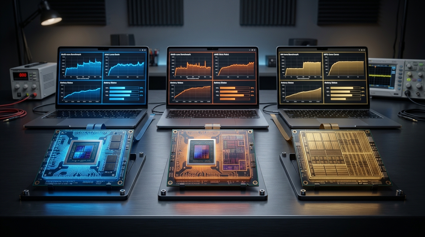 Hardware comparison bench with Intel Lunar Lake, AMD Strix Point, and Apple M4 silicon processor dies alongside testing laptops