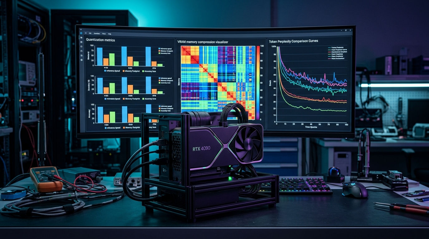 AI hardware testing bench with open-air GPU and widescreen monitor showing 4-bit 8-bit and FP4 quantization precision graphs and VRAM allocation visualizers
