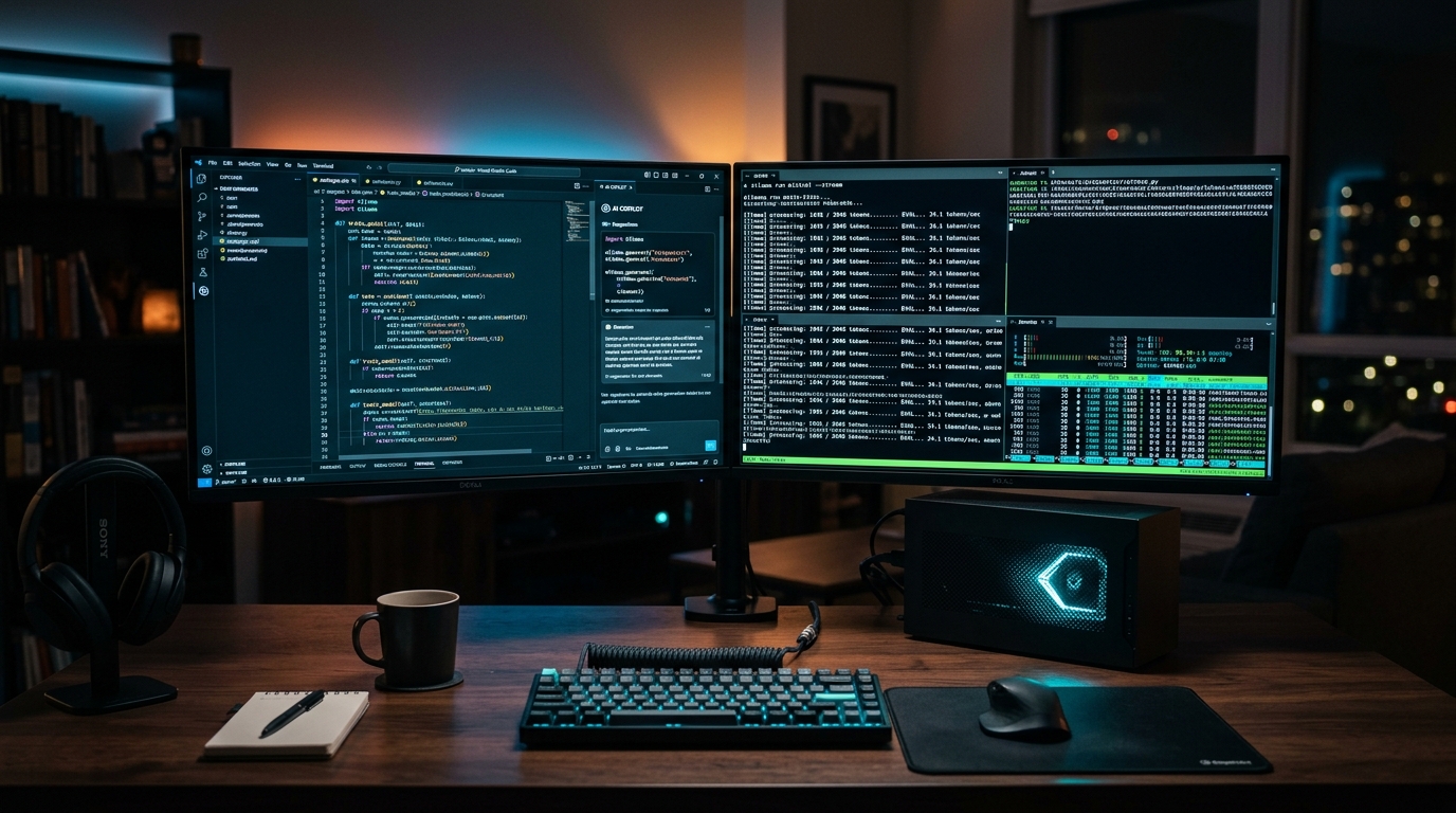 Dual monitor software engineering workstation running VS Code with Continue.dev AI coding assistant and Ollama token telemetry in 2026