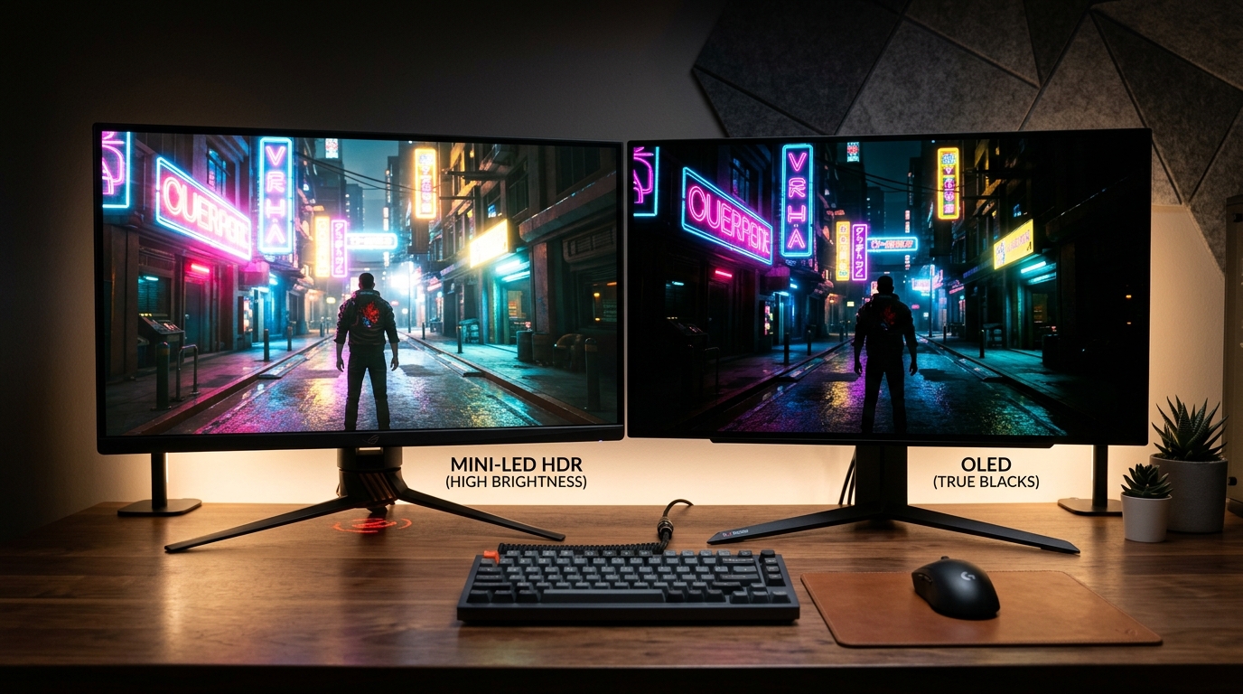 Side by side comparison of bright Mini-LED HDR monitor and true-black OLED gaming monitor on wooden desk