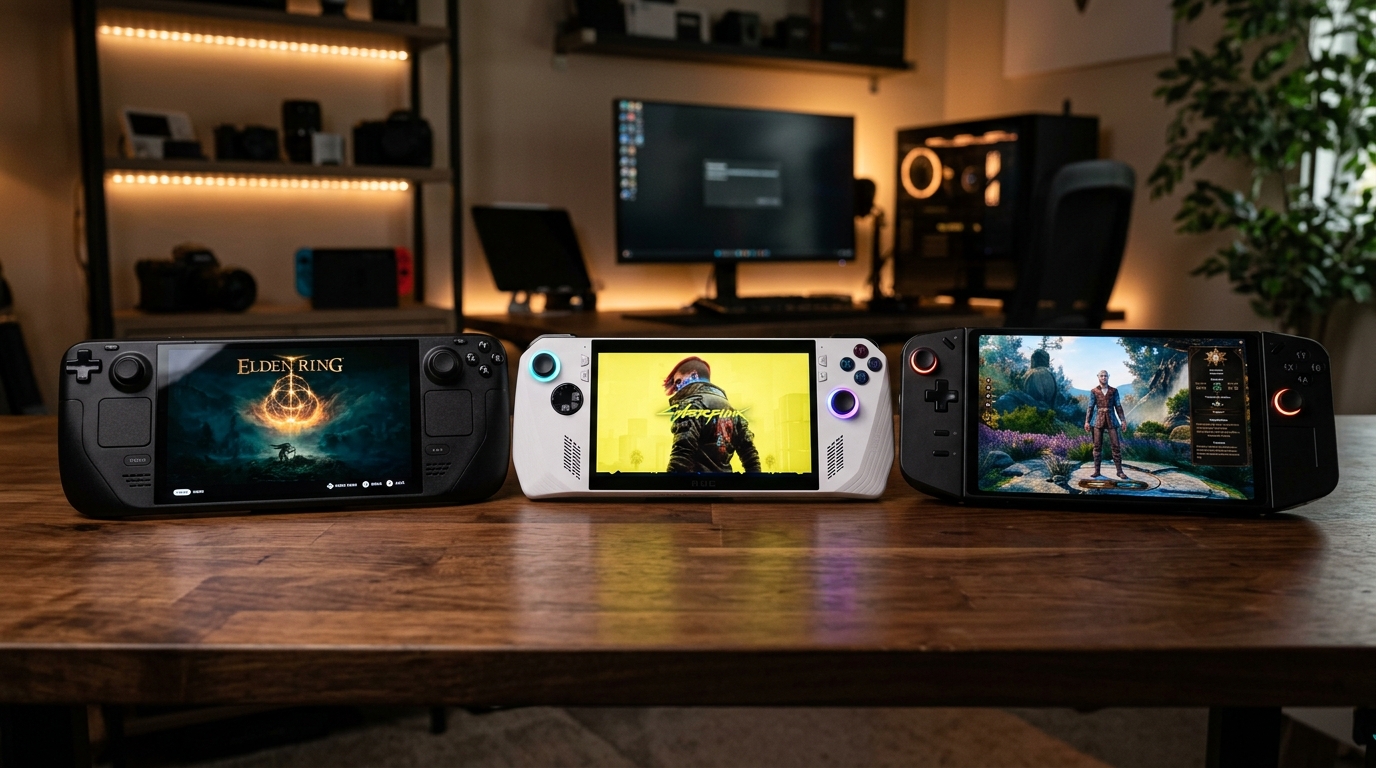 Comparison of Steam Deck OLED, ASUS ROG Ally X, and Lenovo Legion Go PC gaming handhelds on dark walnut table