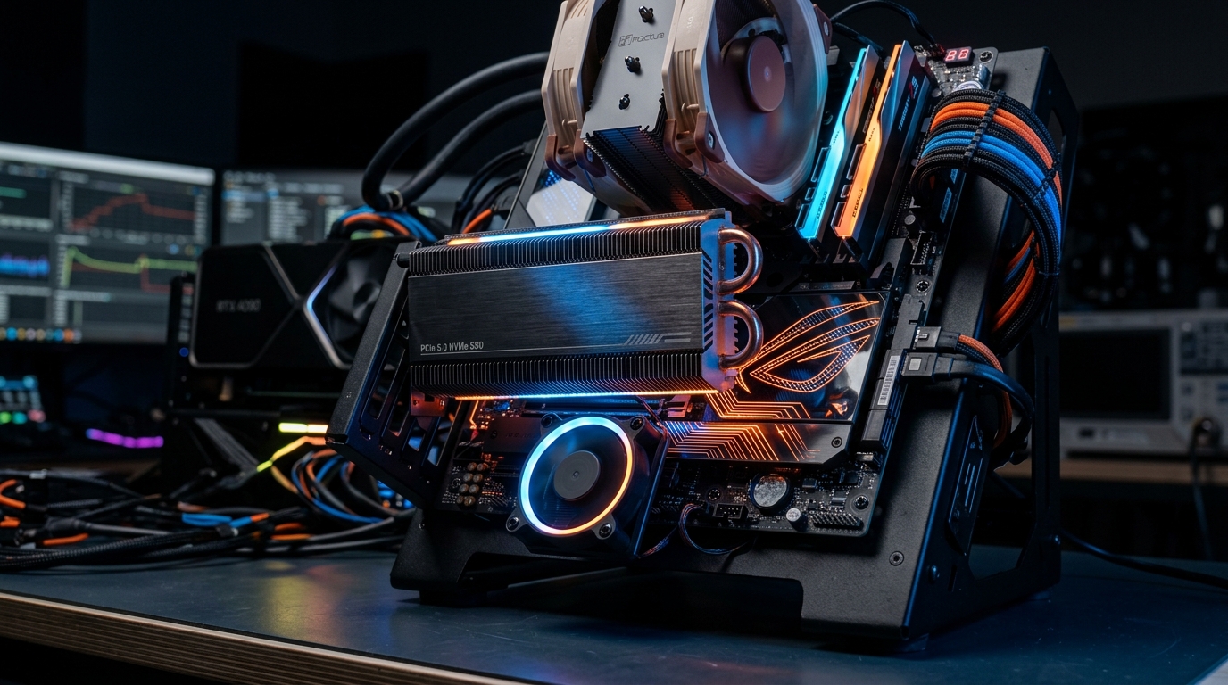 High tech PC hardware test bench showing Gen 5 PCIe 5.0 NVMe SSD with heat sink alongside diagnostic telemetry