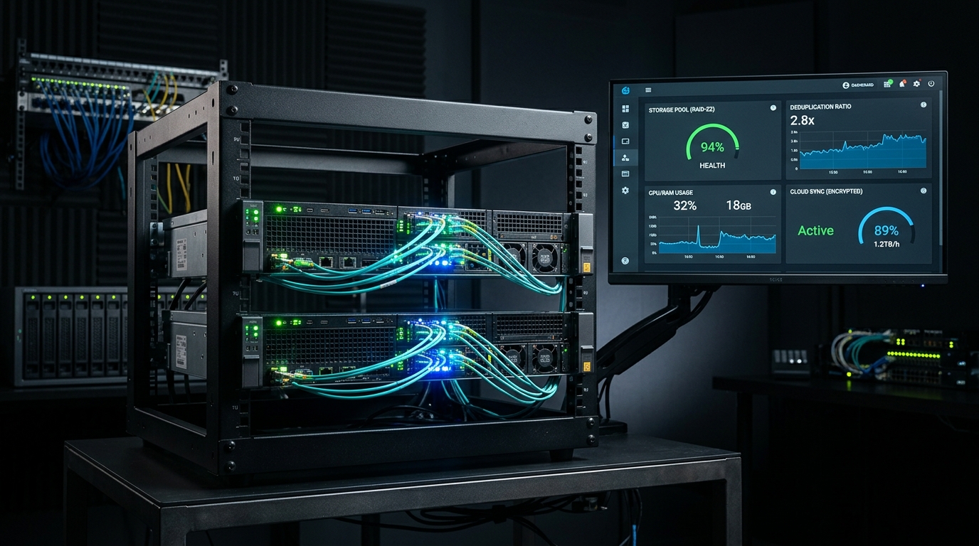 Home lab server rack with fiber optic cabling and adjacent monitor displaying Proxmox Backup Server deduplication ratio and ZFS storage pool health metrics