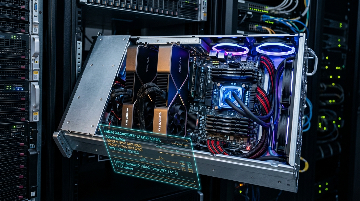 Open server chassis showing dual NVIDIA GPUs with IOMMU diagnostic telemetry HUD overlay