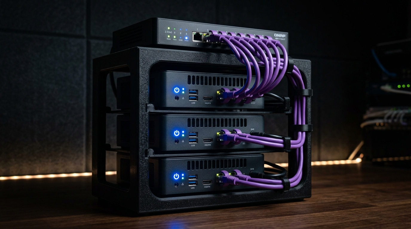 Three-node Intel N100 mini PC Proxmox HA cluster in a custom rack mount with 2.5GbE network switch and purple cabling