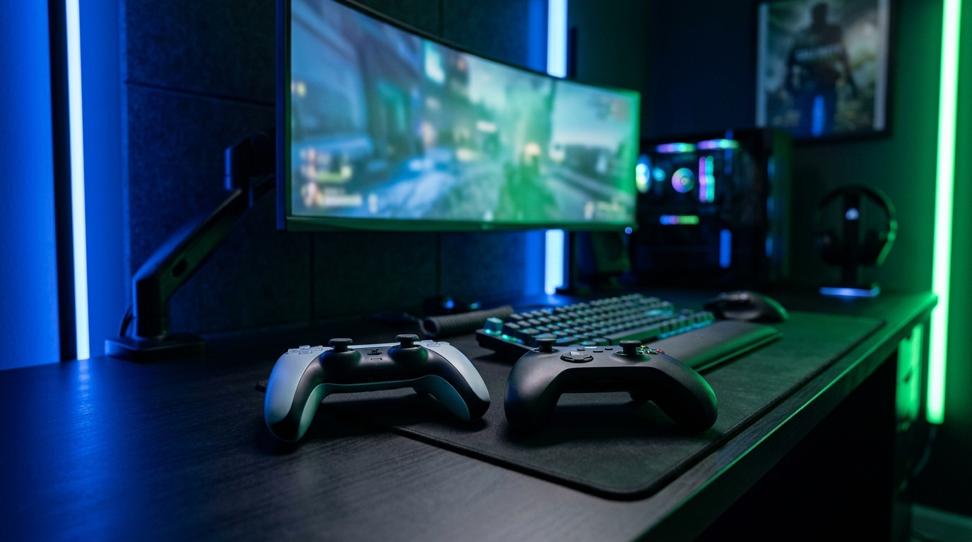 PlayStation DualSense controller and Xbox wireless controller on modern dark battlestation desk with split blue and green LED lighting