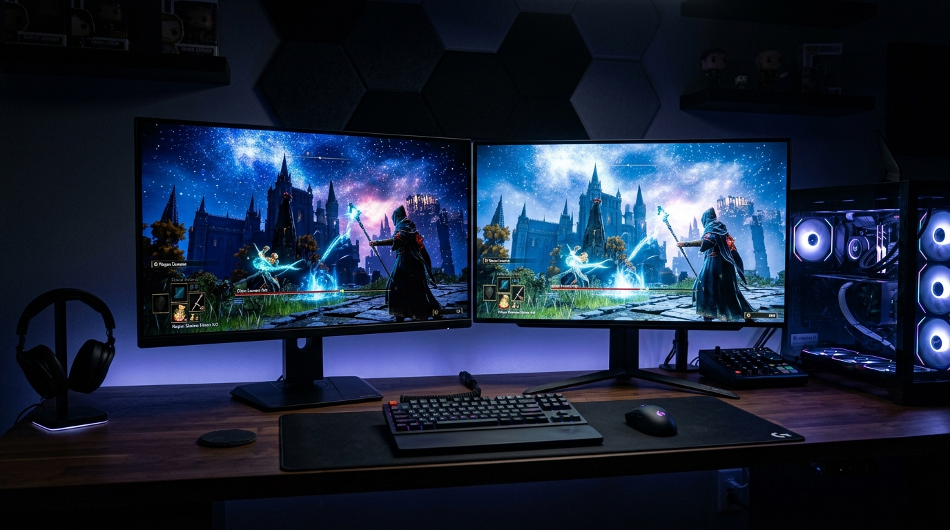 Side by side comparison of 4K 240Hz QD-OLED and MLA WOLED gaming monitors on a minimalist desk setup