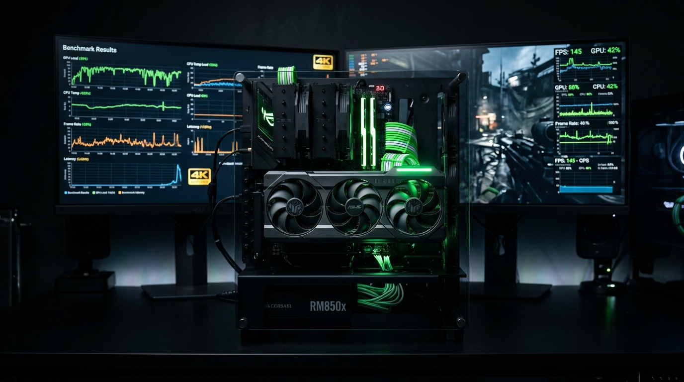 NVIDIA RTX 5070 Ti graphics card installed in an open-air gaming PC test bench with 4K benchmark results displayed on dual monitors