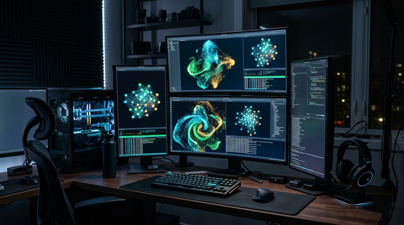 Multi monitor AI developer battlestation displaying glowing 3D vector embeddings point cloud and neural network clusters