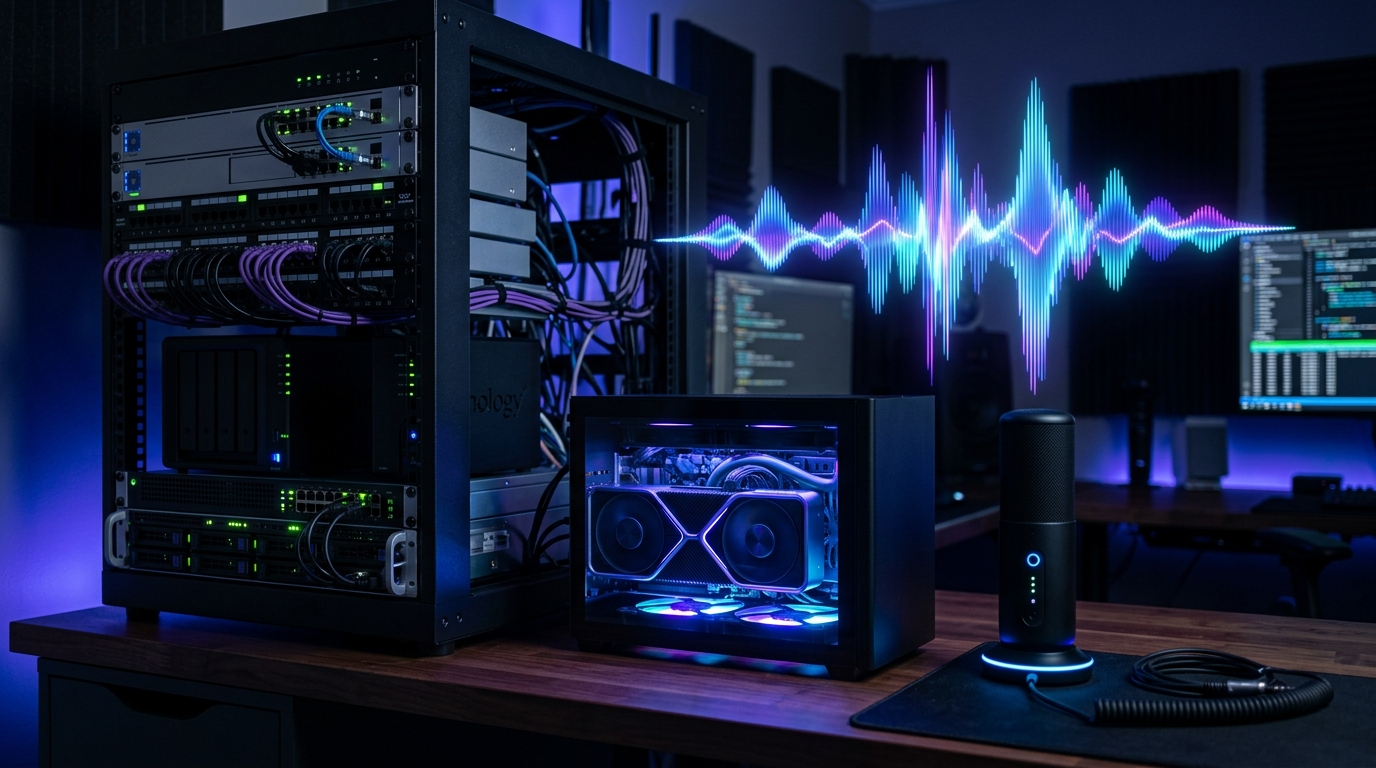 High-tech home lab server rack and AI workstation with glowing sound wave representing real-time local voice AI synthesis