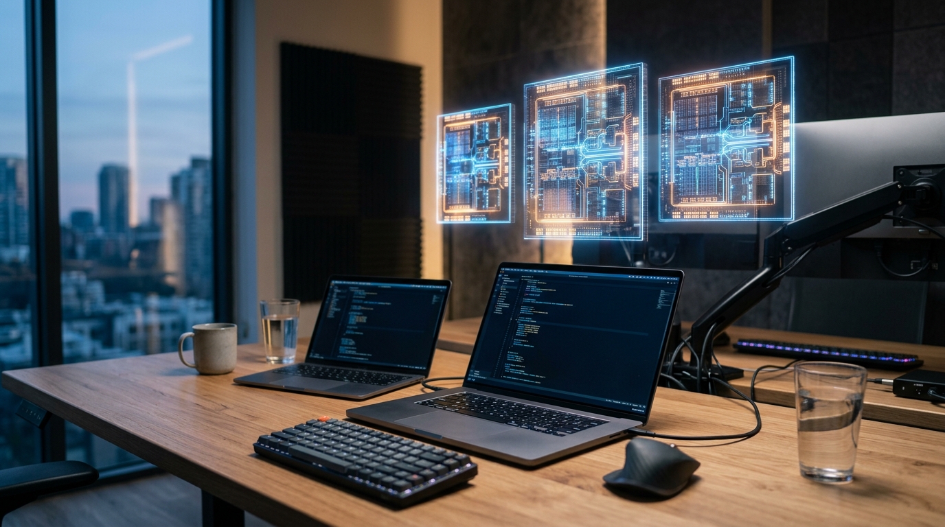 Modern laptop workstation displaying floating holographic glowing silicon processor microchips for Snapdragon AMD and Apple M4