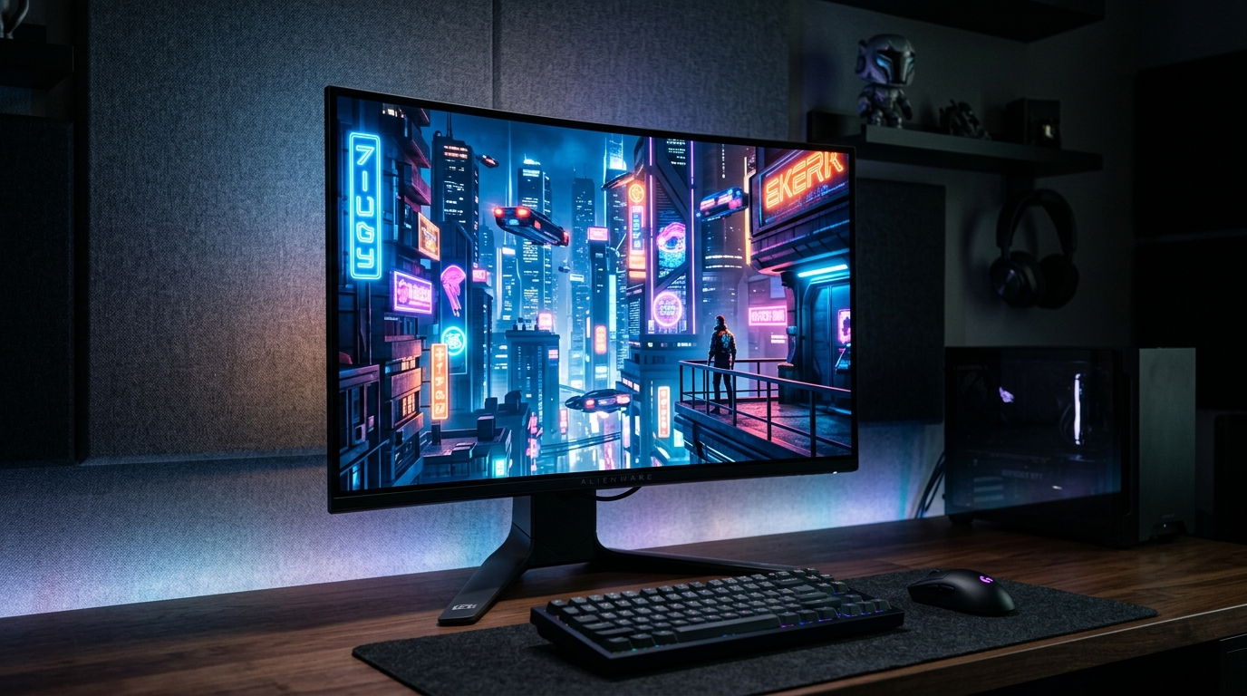 High end 32 inch 4K 240Hz OLED gaming monitor displaying vibrant futuristic neon HDR cityscape on dark battlestation desk