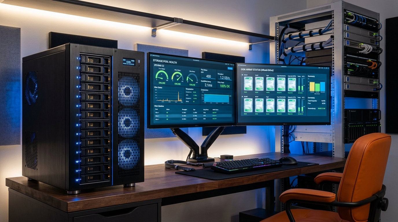 Custom NAS server tower with blue LED drive bays beside dual monitors showing ZFS RAID-Z2 storage pool metrics and Unraid array telemetry