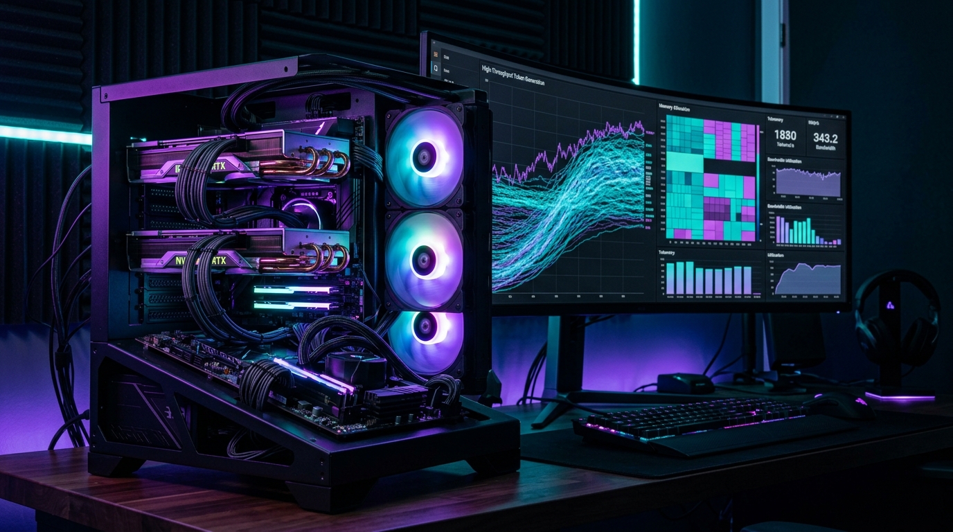 High-performance AI developer workstation with open-air dual GPU setup and ultra-wide monitor displaying real-time high throughput token generation graphs