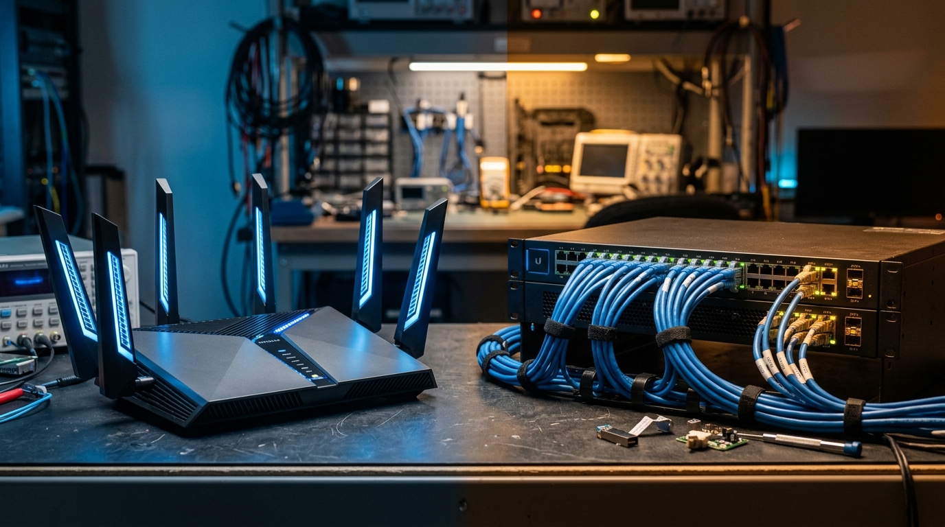 Networking lab test bench showing futuristic multi-band Wi-Fi 7 router beside enterprise 10GbE network switch with blue CAT6A cabling